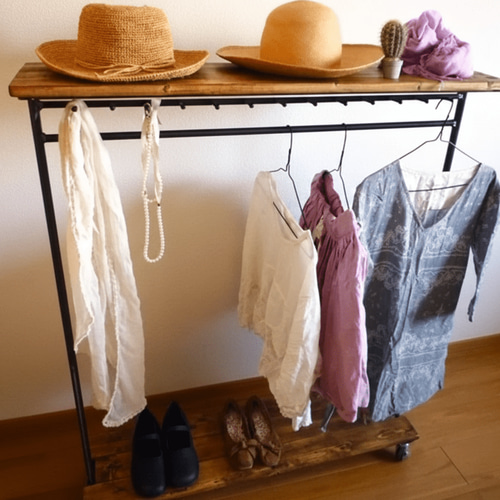 ハンガーラック　アイアン✖️木 アイアン ウッド ハンガーラック M （キャスター フック付き 多用途
