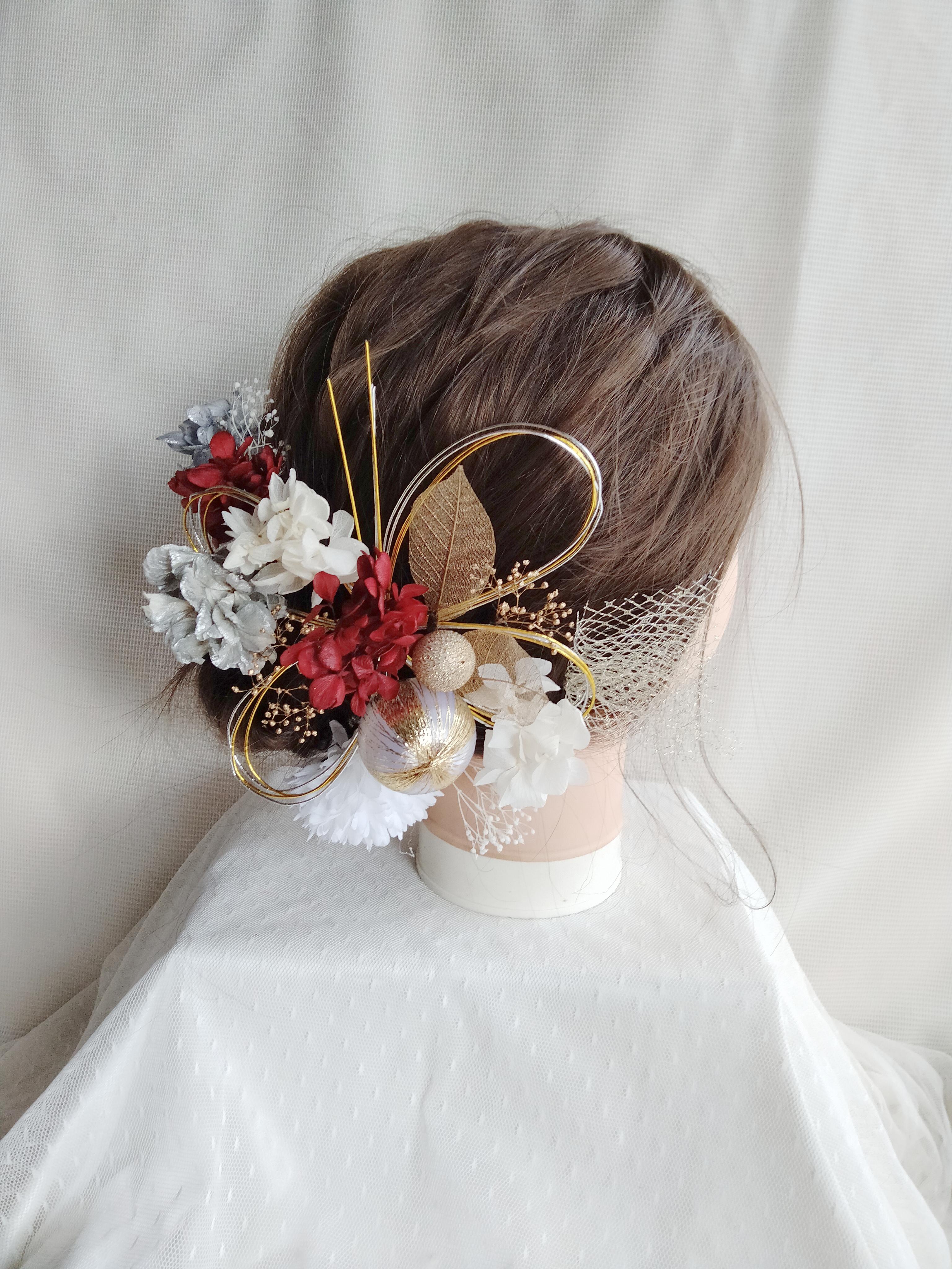 水引と和玉の三色の髪飾り　卒業式　成人式　結婚式　ドライフラワー　プリザーブドフラワー