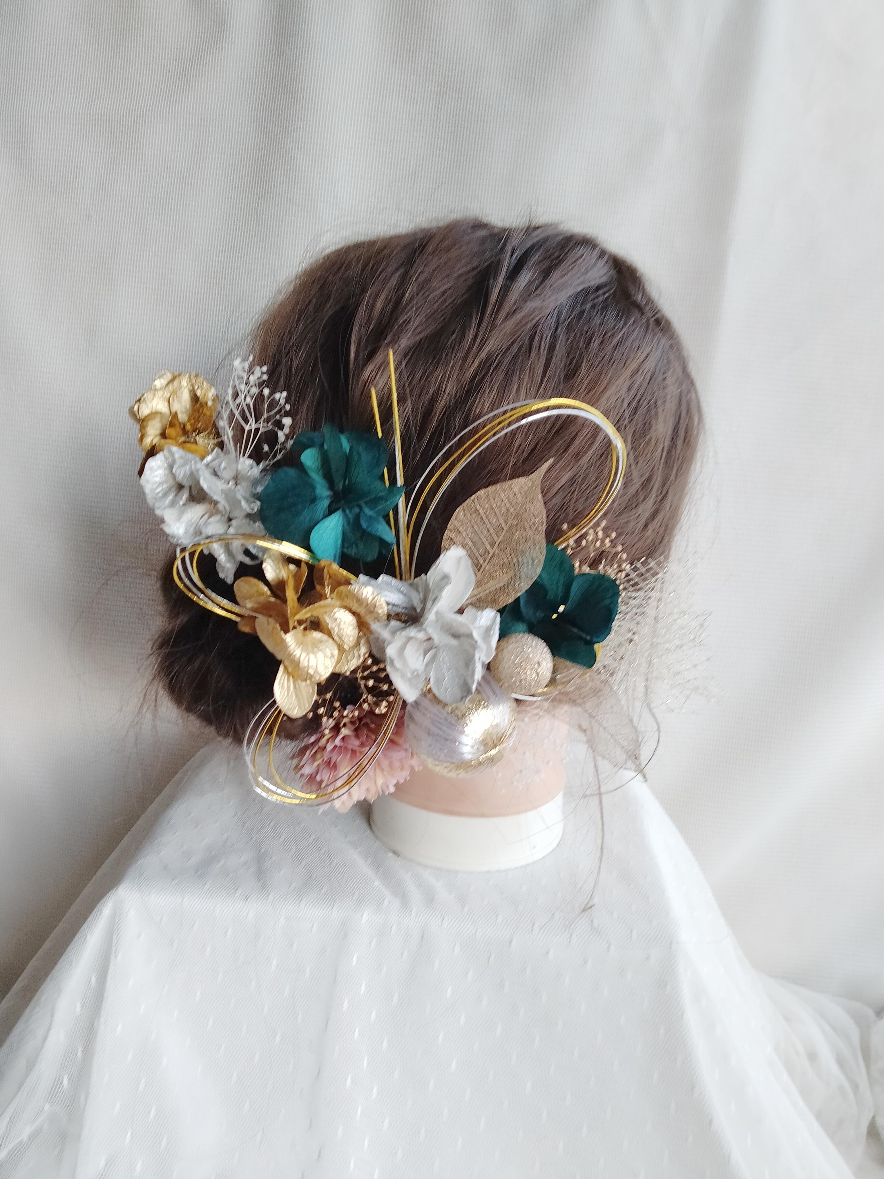 プリザーブドフラワー　ドライフラワー　和玉　水引　成人式髪飾り　和装髪飾り　成人式　卒業式　結婚式　成人式前撮り　前撮り