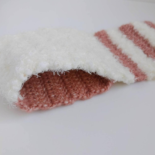 もこもこ白ボーダーの手編みフリルマフラー アシンメトリー マフラー  