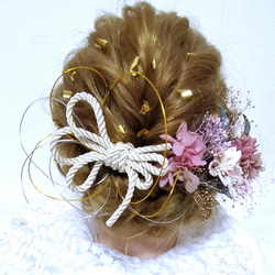 白/ゴールド/ピンク/緑　成人式 結婚式 卒業式 前撮り ドライフラワー 振袖　袴  髪飾り ヘッドドレス　水引 紐金箔 2枚目の画像