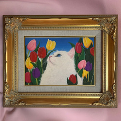 【原画】チューリップと猫「Colorful」／油彩額 1枚目の画像