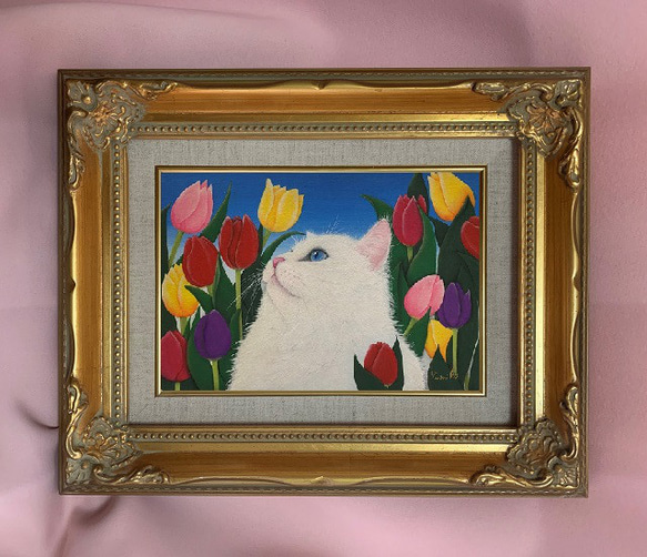 原画】チューリップと猫「Colorful」／油彩額 絵画 猫心～にゃん