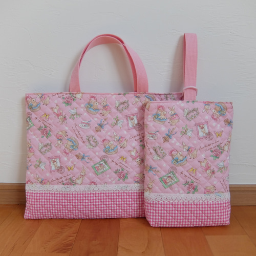 レッスンバッグ＆上履き入れ＊うさぎとお花＊ピンク レッスンバッグ Le