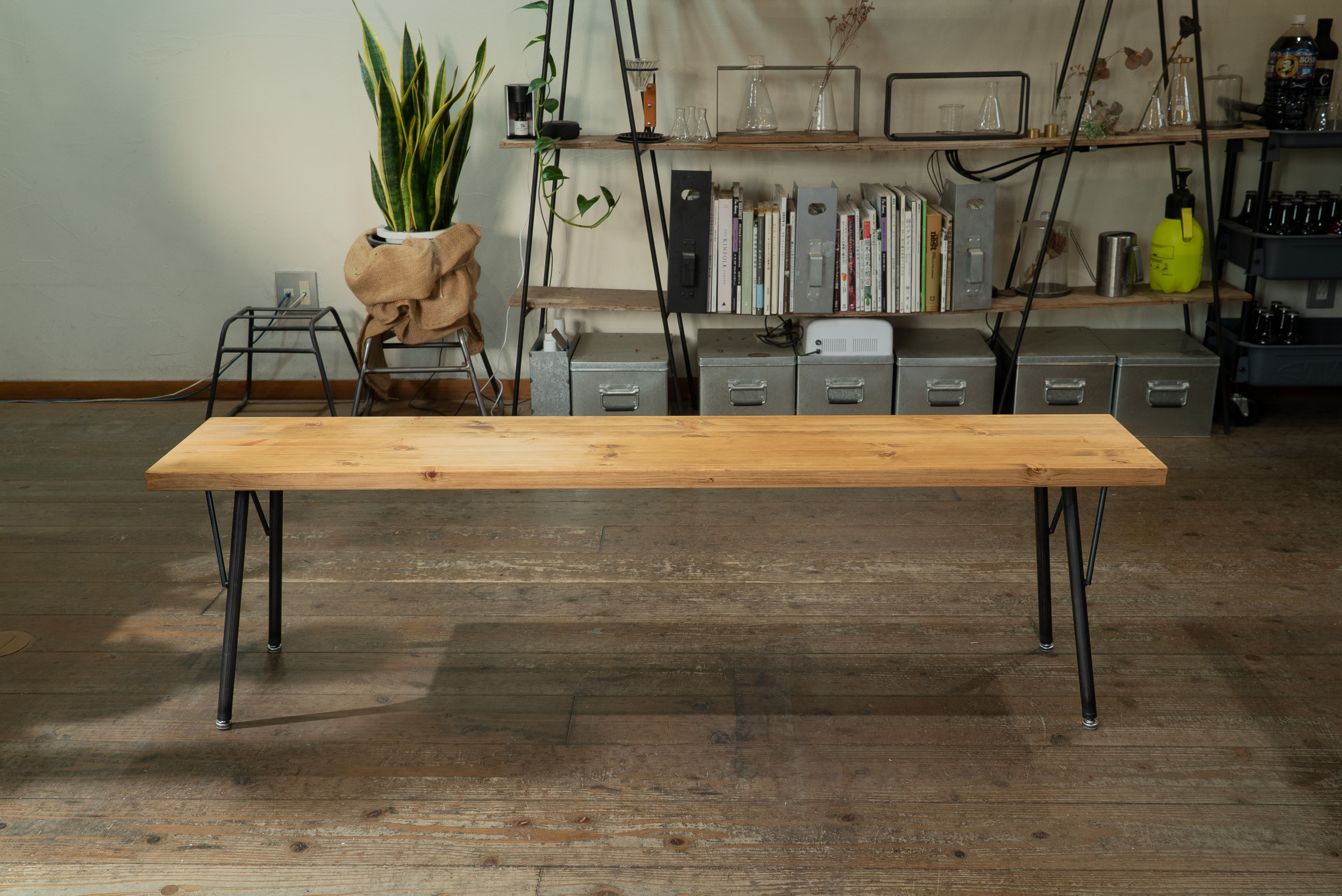 送料無料】W1500mm パイン材ベンチ/インテリア/無垢材/アイアン脚