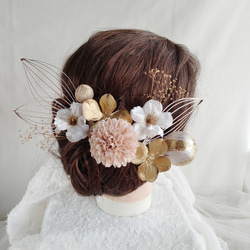 水引細工・鶴の羽と林檎の花の和装ヘアアクセ　着物ヘアアクセサリー　髪飾り　タイトシニヨン　シニヨンヘア　成人式　結婚式　 5枚目の画像
