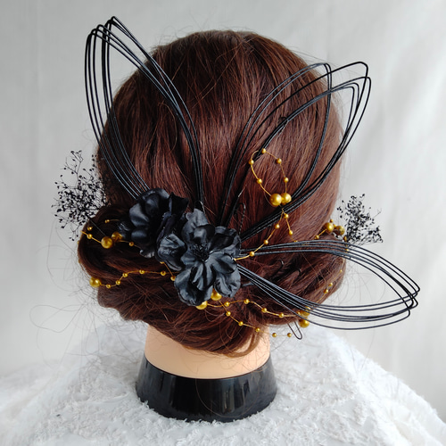 黒水引と黒桜の成人式髪飾り 髪かざり 水引 成人式 卒業式 ブラック