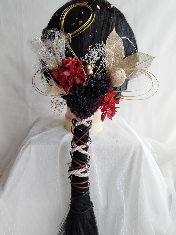 赤白黒金の和紐と水引の髪飾り ヘアアレンジ 成人式ヘア 卒業式ヘア