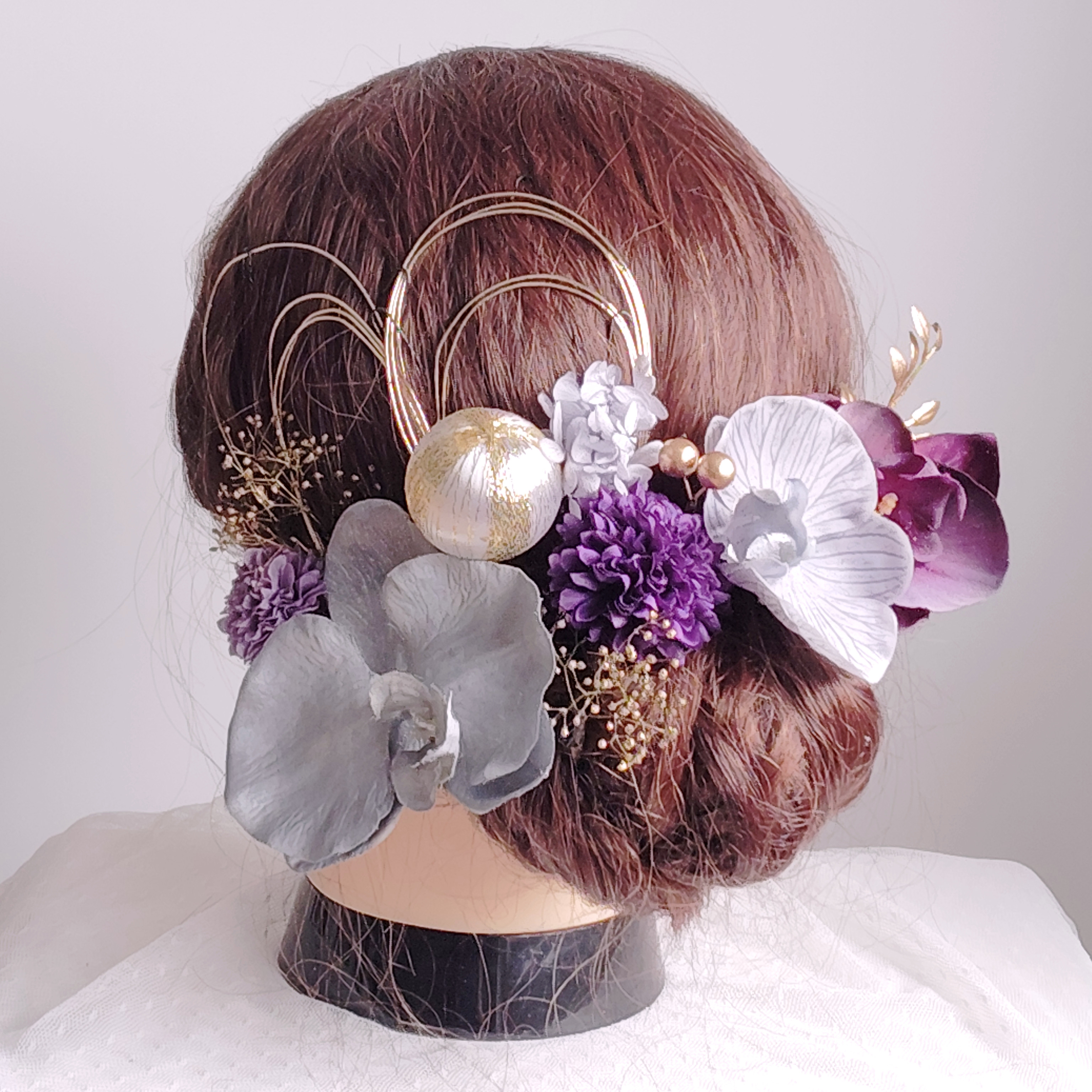 紫胡蝶蘭　和装　花嫁　前撮り　卒業式　成人式　結婚式　髪飾り　ヘッドドレス　ヘアアクセ　グレー　振袖　袴　着物