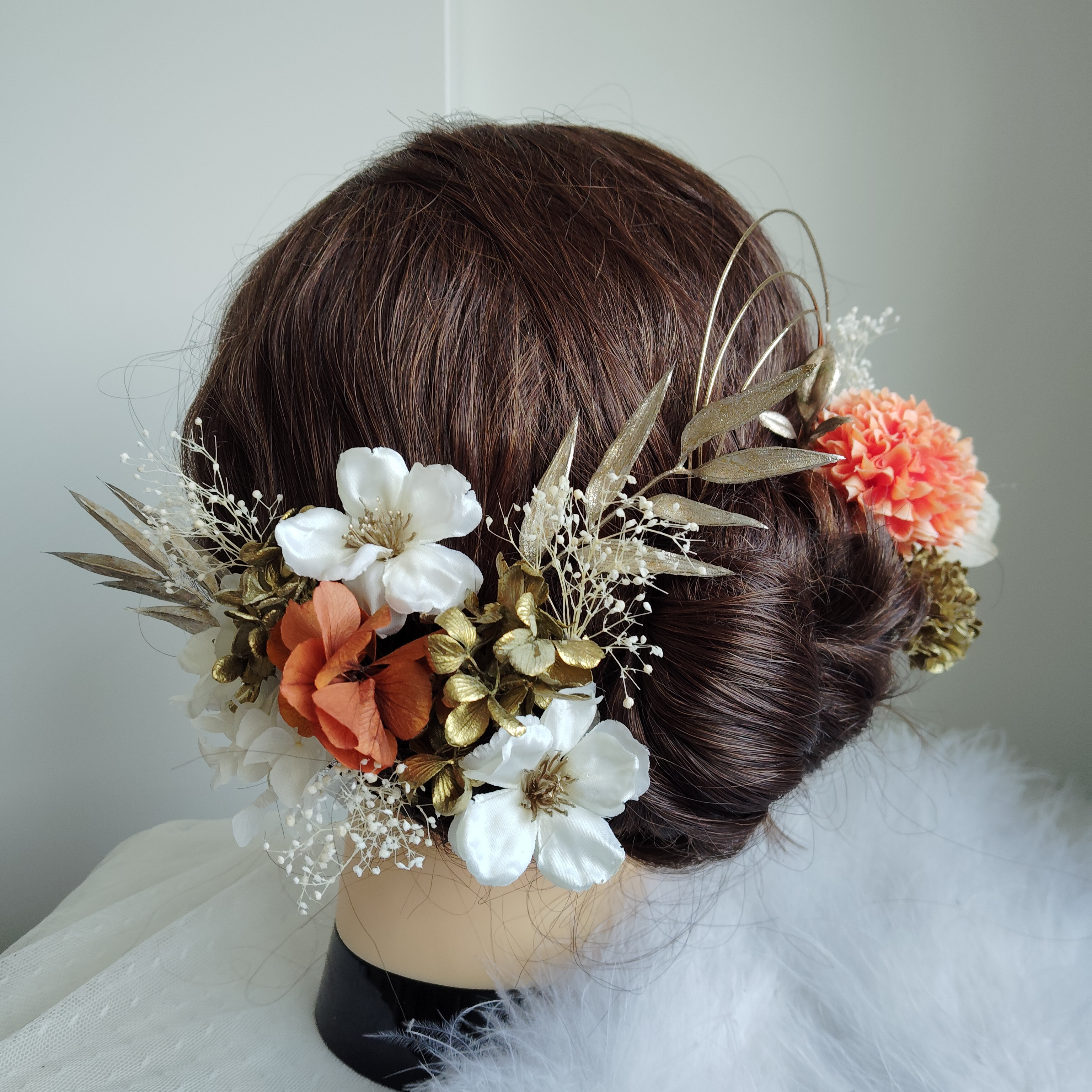 春静＿＿林檎の花の髪飾り　卒業式　成人式 　結婚式　髪飾り 　色打掛　振袖　着物　袴　和装　白金　オレンジ