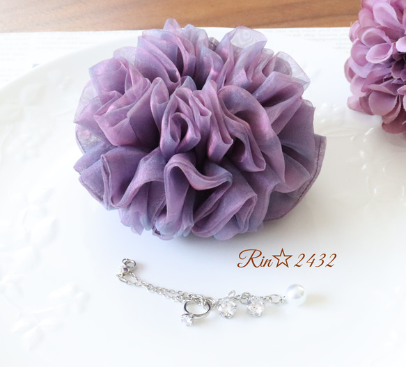 現品のみ^ ^オーガンジー リボン♡パープル♡シェル♡うさぎ オーガンジー】ひらひら可愛いトリプルフリルのシュシュ