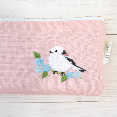 シマエナガとお花の刺繍リネンペンケース【桜ピンク】 ペン シマエナガとお花の刺繍リネンペンケース【桜ピンク】 ペン