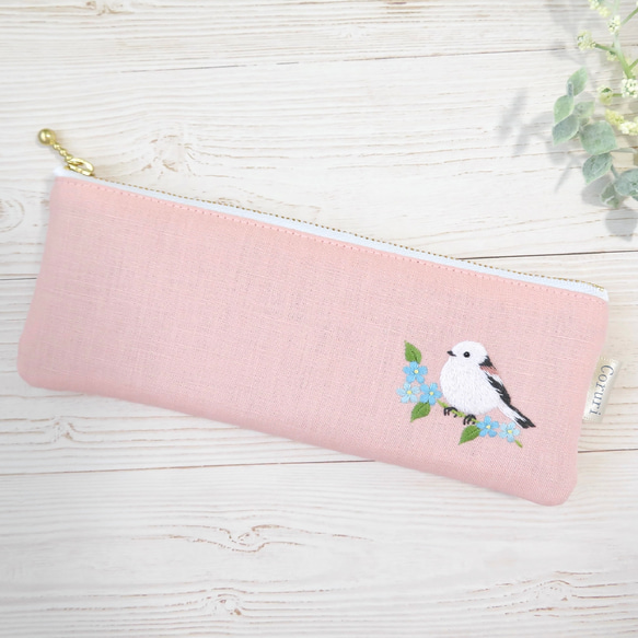 シマエナガとお花の刺繍リネンペンケース【桜ピンク】 ペン シマエナガとお花の刺繍リネンペンケース【桜ピンク】 ペン