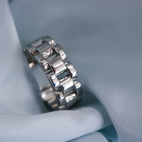 MR162】SV 約8mm幅 流行りのベルト風チェーンリング／Silver