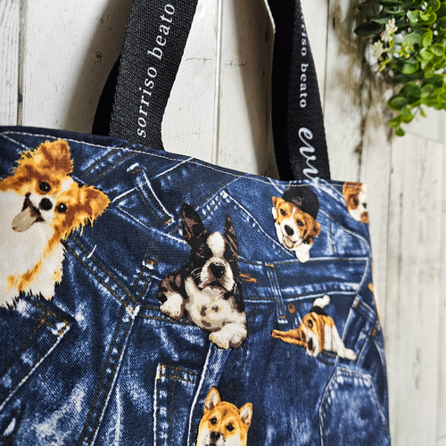 ◇犬と転写風デニム柄◇ダーツ入りミニトートバッグ◇ トートバッグ