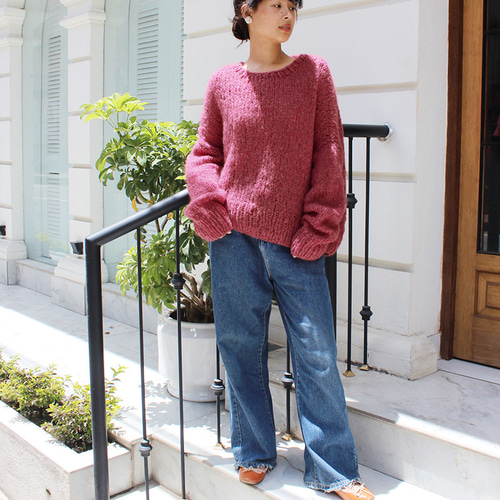 ◉軽ふわ手編みニット◉モヘアショートセーター 茜色(ピンク系 ◉軽ふわ手編みニット◉モヘアショートセーター 茜色(ピンク系