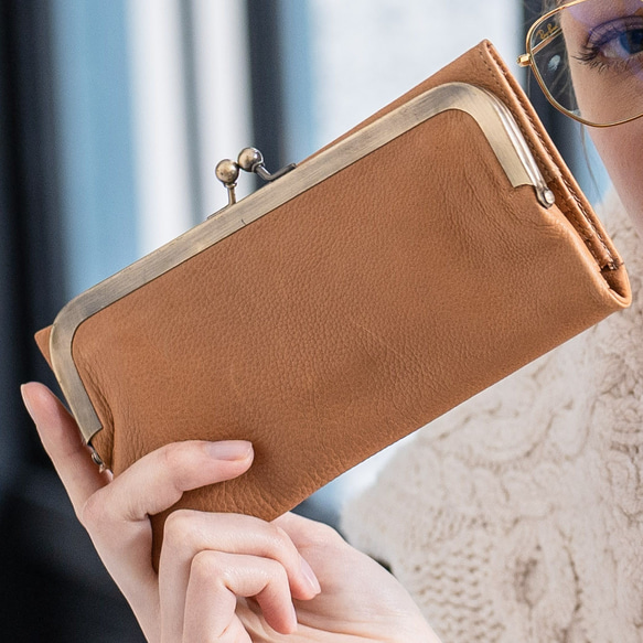 【限量特價】復古五金長款扣環錢包，植鞣牛皮，粉紅米色，HAW014 第3張的照片