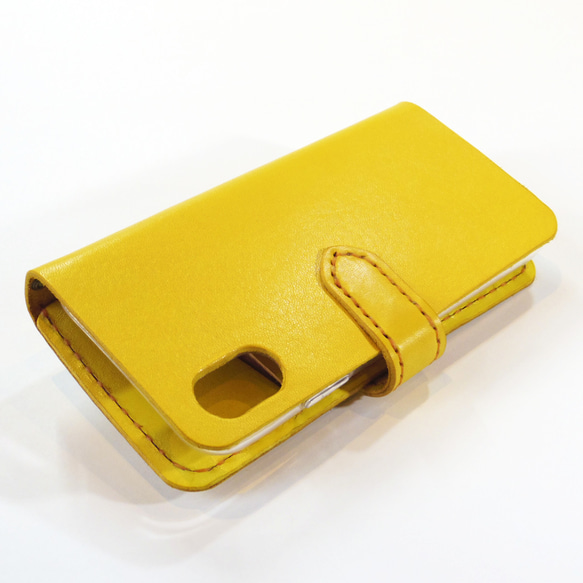 マグネット留め牛革レザーケース iPhone,Android 多機種制作 スマホケース 手帳型 イエロー 黄色 4枚目の画像