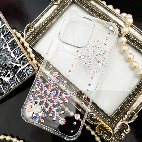 iPhone15pro,Max,14,13他スワロフスキー 雪の結晶 ビジュー