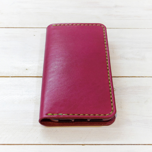 シンプルなふたつ折り牛革レザーケース iPhone,Android 多機種 スマホケース 手帳型 ワインレッド 臙脂色 3枚目の画像