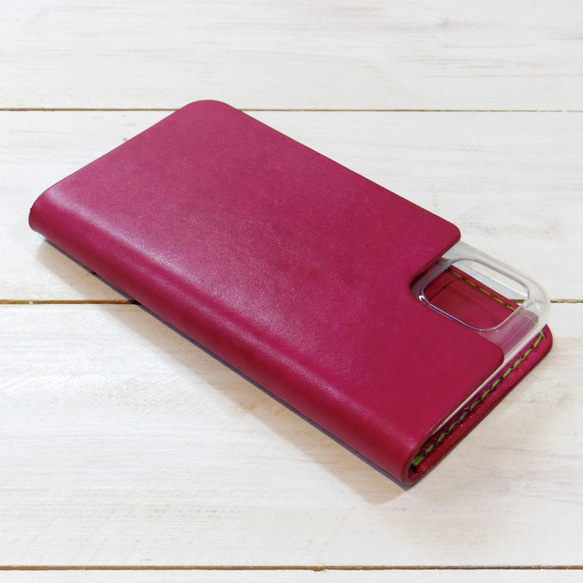 シンプルなふたつ折り牛革レザーケース iPhone,Android 多機種 スマホケース 手帳型 ワインレッド 臙脂色 4枚目の画像