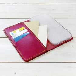 シンプルなふたつ折り牛革レザーケース iPhone,Android 多機種 スマホケース 手帳型 ワインレッド 臙脂色 5枚目の画像