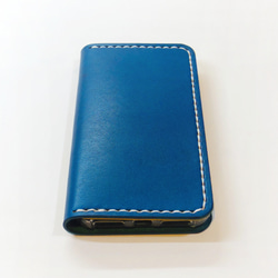 シンプルなふたつ折り牛革レザーケース iPhone,Android 多機種制作 スマホケース 手帳型 マリンブルー 青色 3枚目の画像
