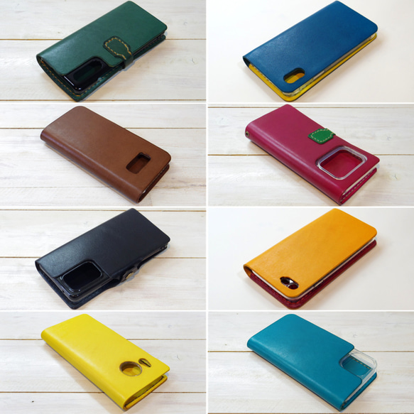 シンプルなふたつ折り牛革レザーケース iPhone,Android 多機種制作 スマホケース 手帳型 パープル 紫色 8枚目の画像