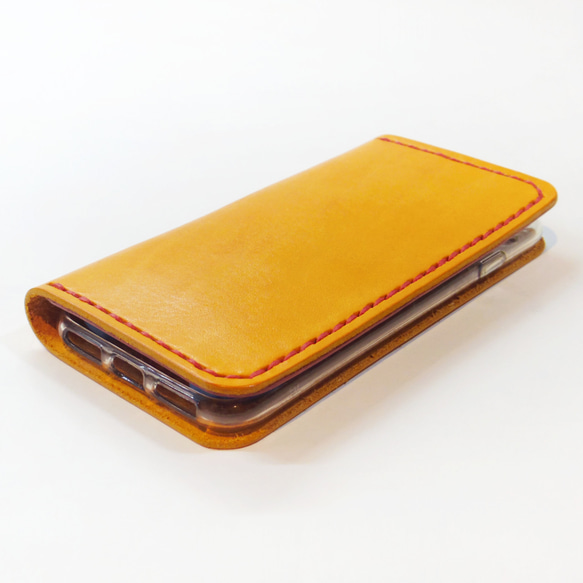 シンプルなふたつ折り牛革レザーケース iPhone,Android 多機種制作 スマホケース 手帳型 オレンジ 橙色 2枚目の画像