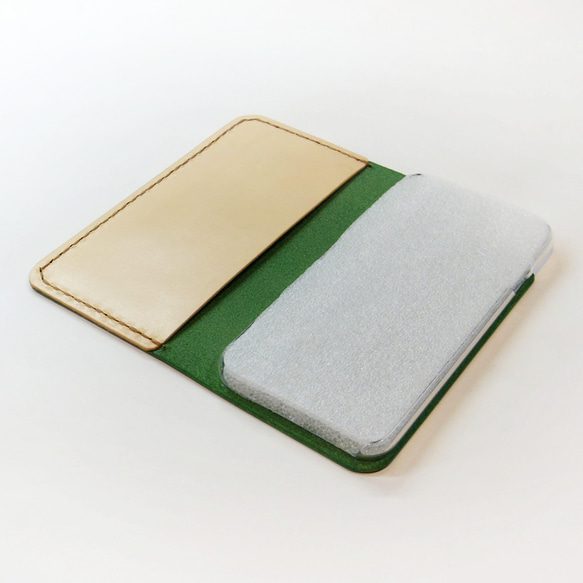 シンプルなふたつ折り牛革レザーケース iPhone,Android 多機種制作 スマホケース 手帳型 グリーン 緑色 5枚目の画像