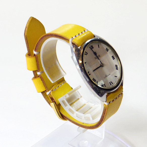 腕時計ベルト 腕時計バンド 牛革レザー 16mm〜20mmのラグ幅で制作 イエロー 黄色 3枚目の画像