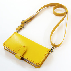 SatokoOishi スマホストラップ yellow マグネット留め牛革レザーケースとショルダーストラップ iPhone
