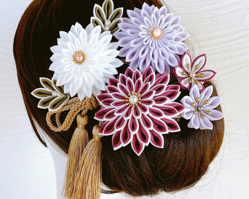 つまみ細工髪飾り豪華8点セット✴︎プラム×ホワイト 成人式 卒業式