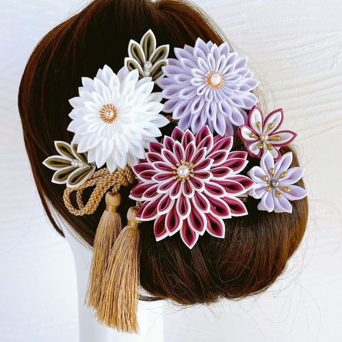 つまみ細工 髪飾り 七五三 成人式 卒業式 つまみ細工髪飾り豪華8点セット✴︎プラム×ホワイト 成人式 卒業式