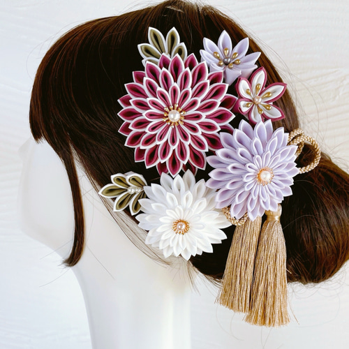 つまみ細工髪飾り豪華8点セット✴︎プラム×ホワイト 成人式 卒業式