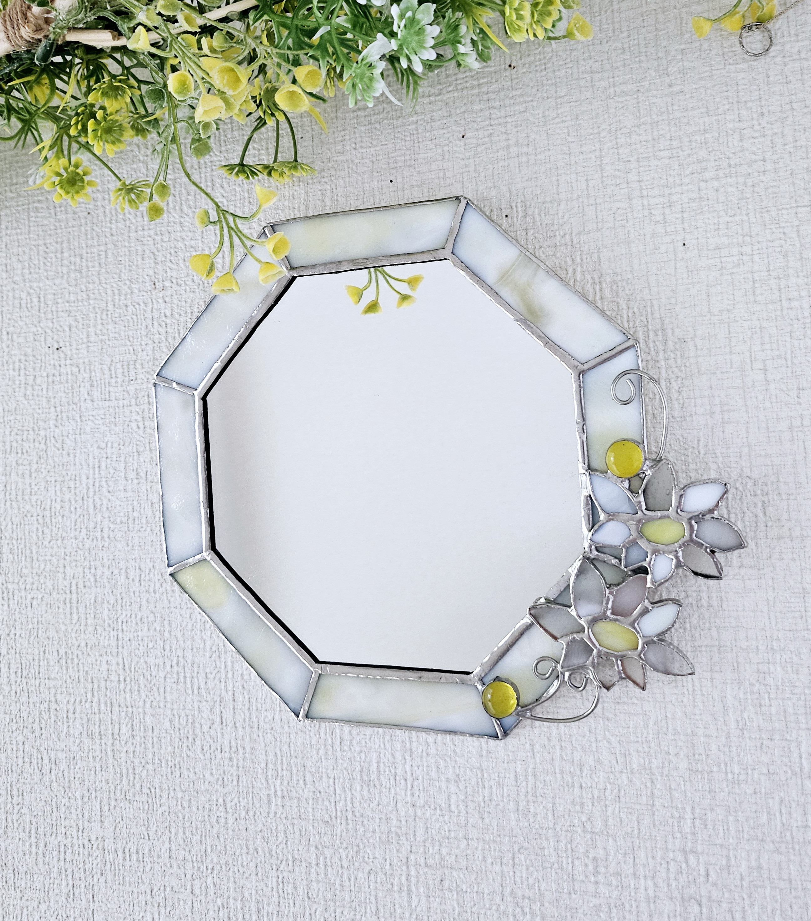 ステンドグラス8角ミラーオリーブ飾り(455) ステンドグラス八角ミラー