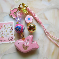 ◇735再販２ 桜色　小鳥とお花の和風ストラップ 6枚目の画像