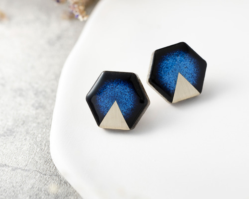 美濃焼 陶器 月華 ピアス／イヤリング｜藍 ネイビー 六角 ピアス