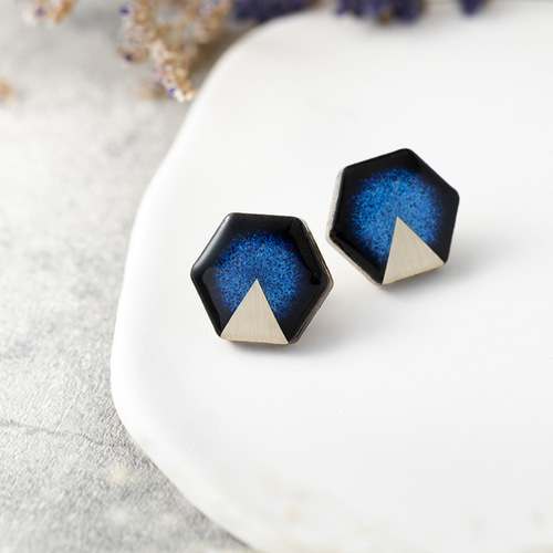 美濃焼 陶器 月華 ピアス／イヤリング｜藍 ネイビー 六角 ピアス