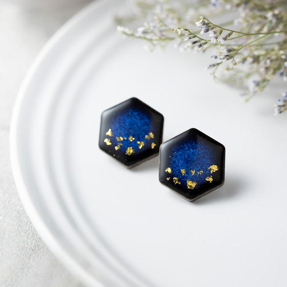 美濃焼 陶器 星屑 ピアス／イヤリング｜藍（あい）六角 藍色 ネイビー