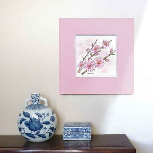 ☆受注制作（マット新色）桃の花 ＊マット額付き手描き水彩画