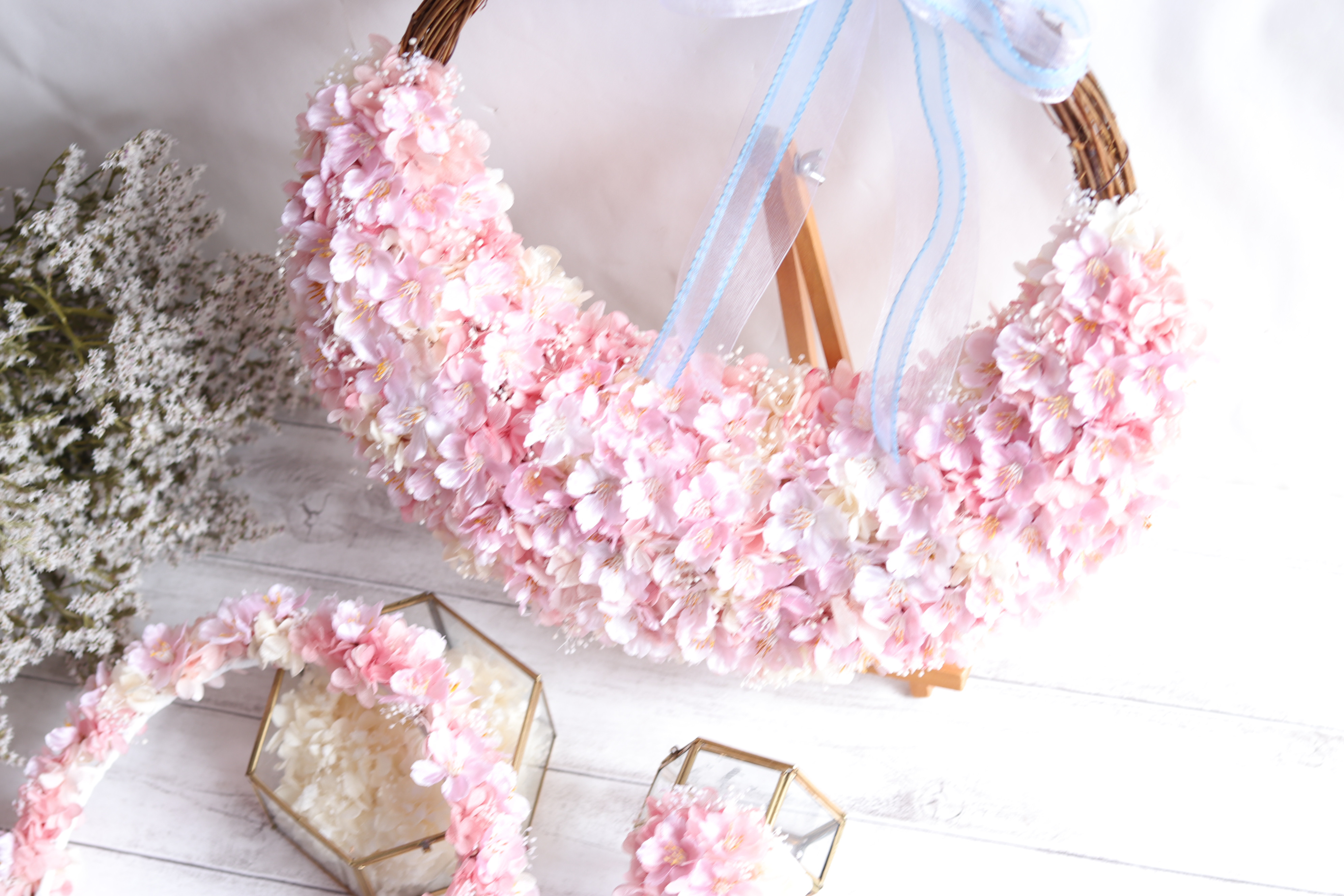 桜のハーフリースブーケ＆ブートニア&花冠＊プリザーブド&アーティフィシャルフラワー