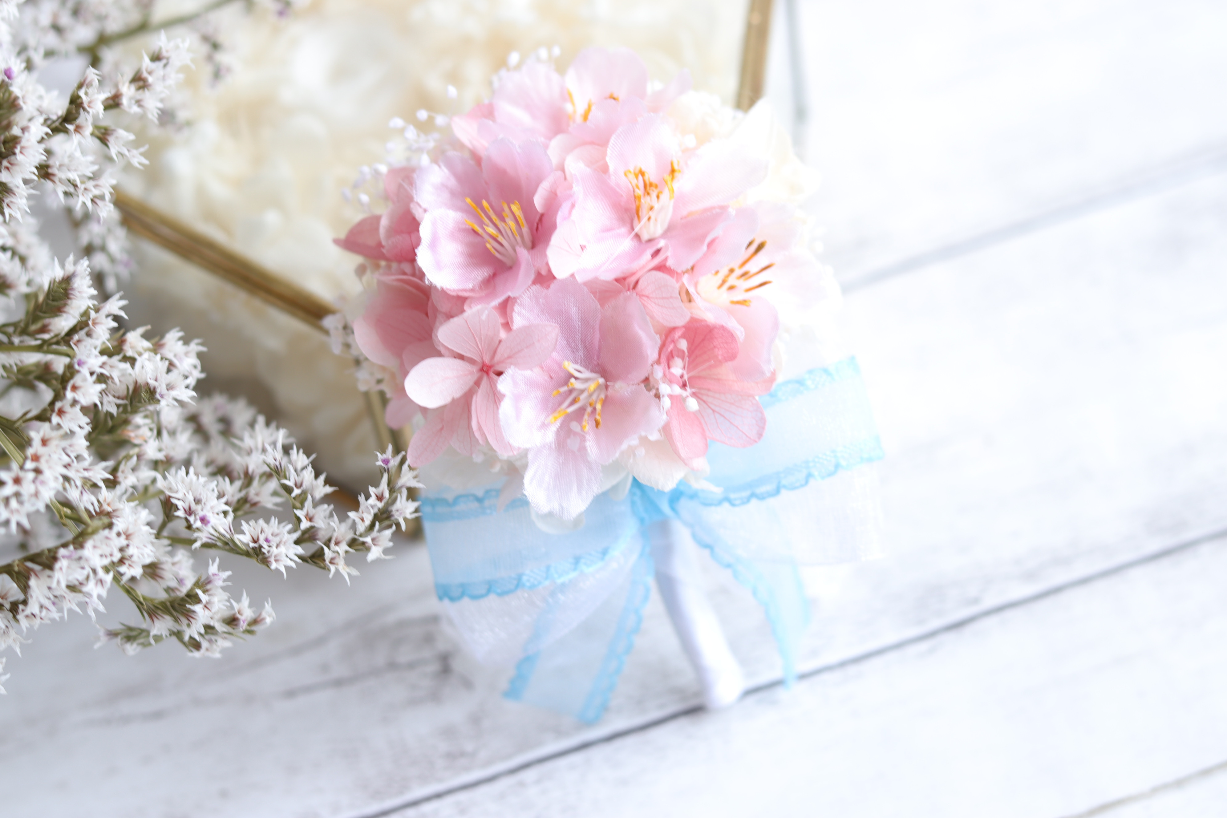 桜のハーフリースブーケ＆ブートニア&花冠＊プリザーブド&アーティフィシャルフラワー