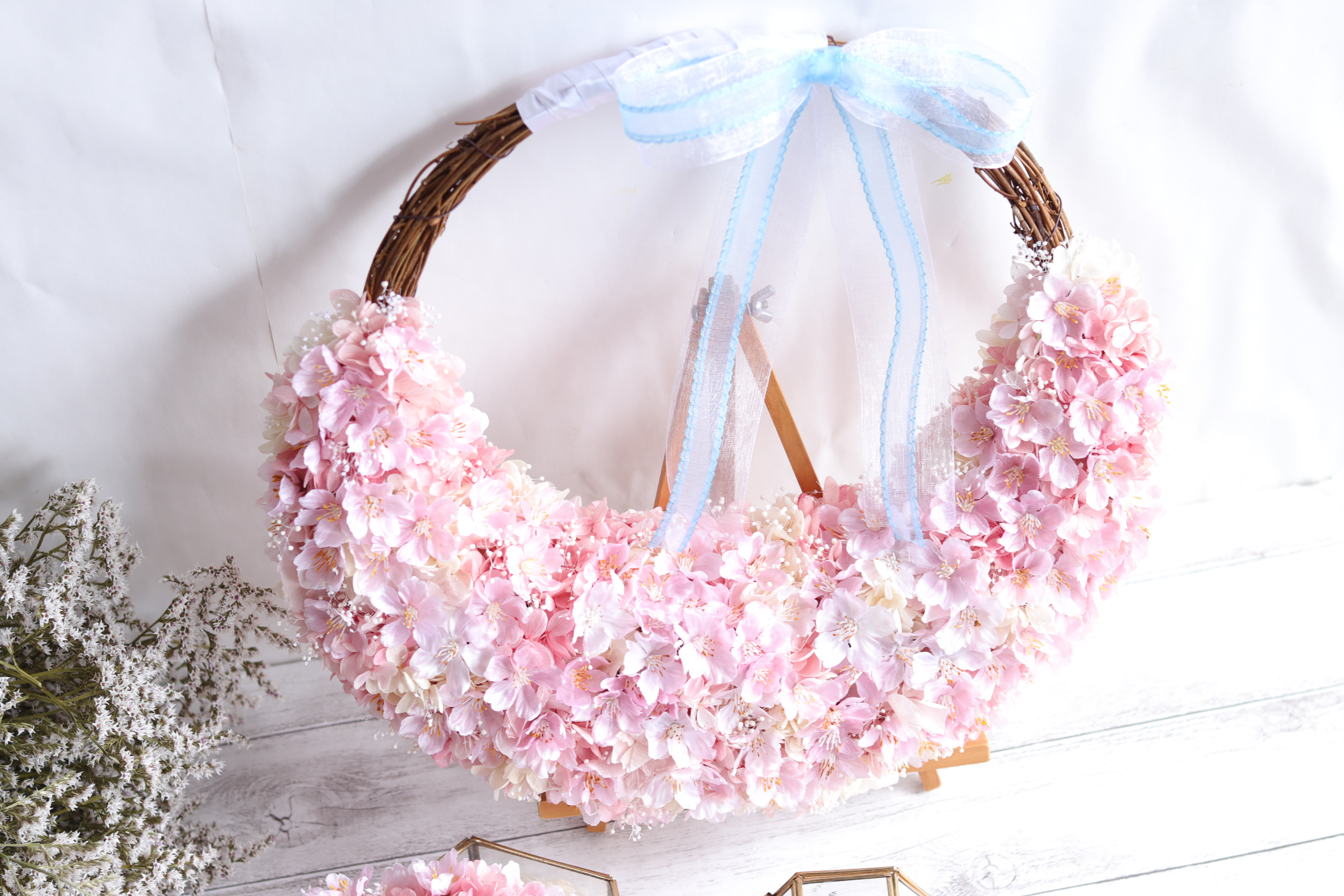 桜のハーフリースブーケ＆ブートニア&花冠＊プリザーブド&アーティフィシャルフラワー