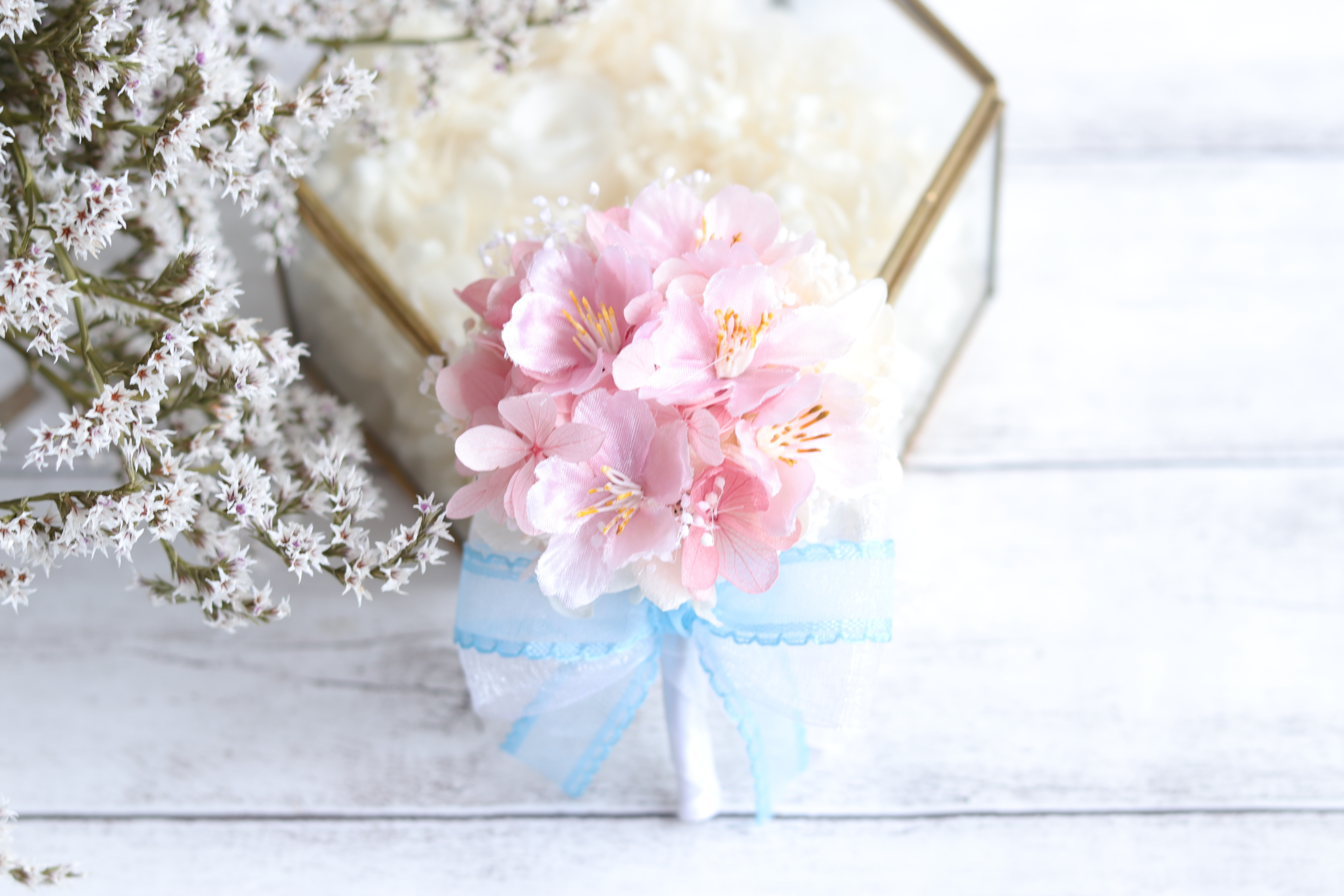 桜のハーフリースブーケ＆ブートニア&花冠＊プリザーブド&アーティフィシャルフラワー