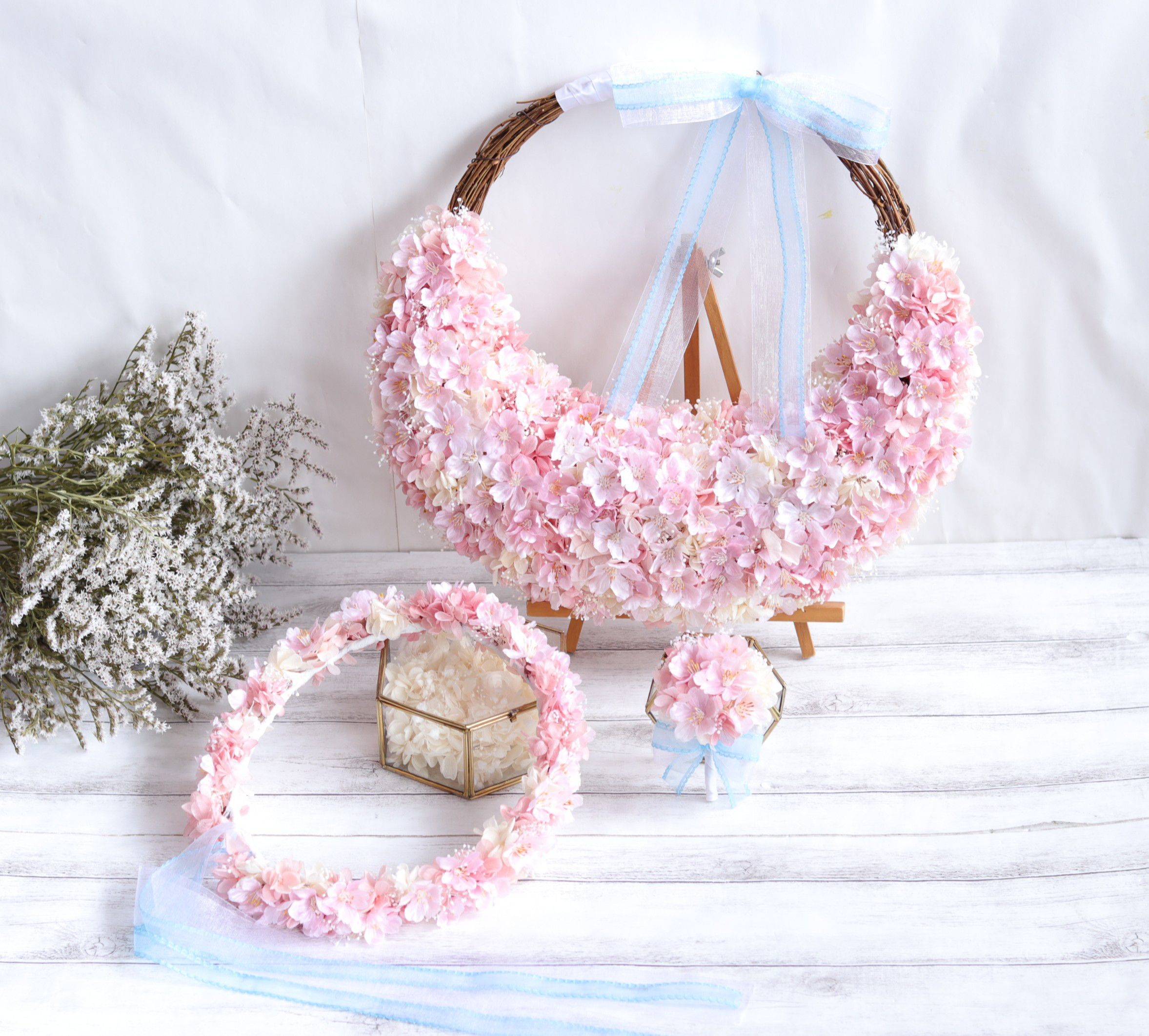 桜のハーフリースブーケ＆ブートニア&花冠＊プリザーブド&アーティフィシャルフラワー