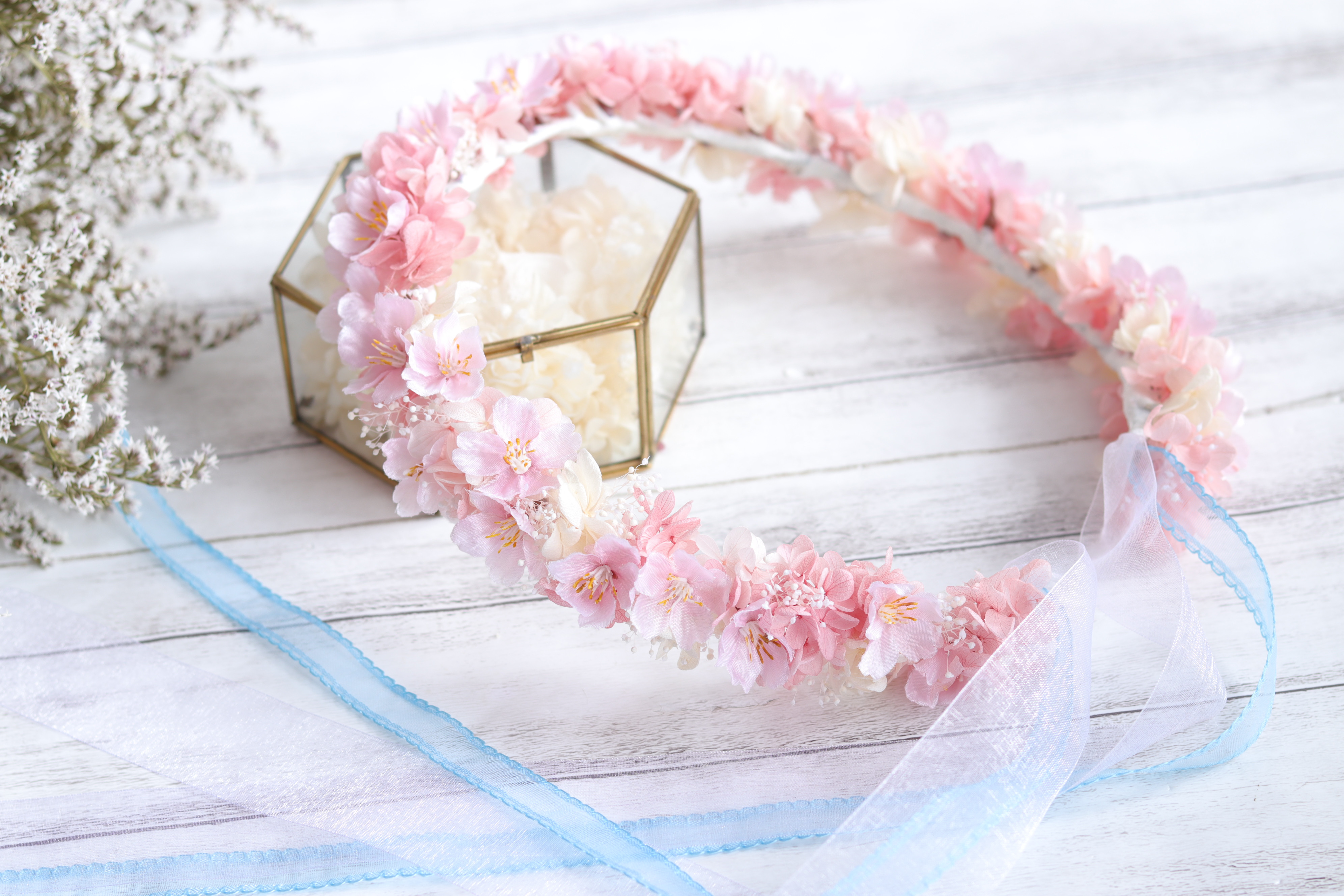 桜のハーフリースブーケ＆ブートニア&花冠＊プリザーブド&アーティフィシャルフラワー