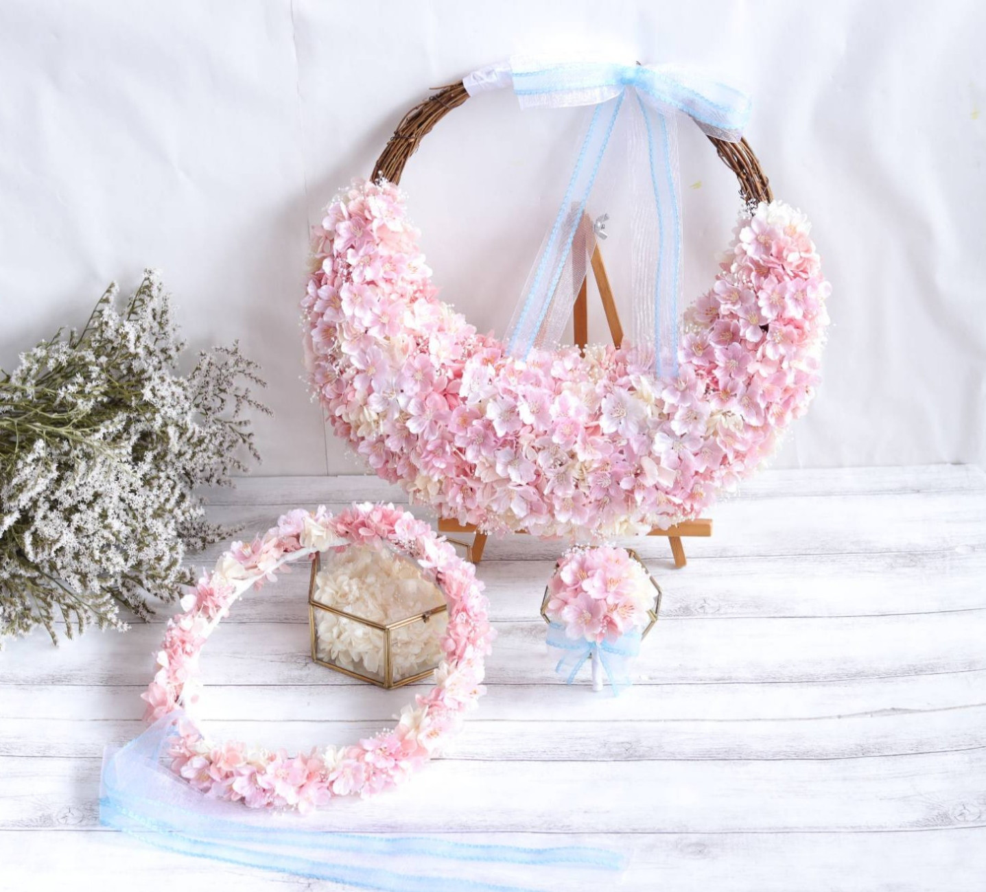 桜のハーフリースブーケ＆ブートニア&花冠＊プリザーブド&アーティフィシャルフラワー