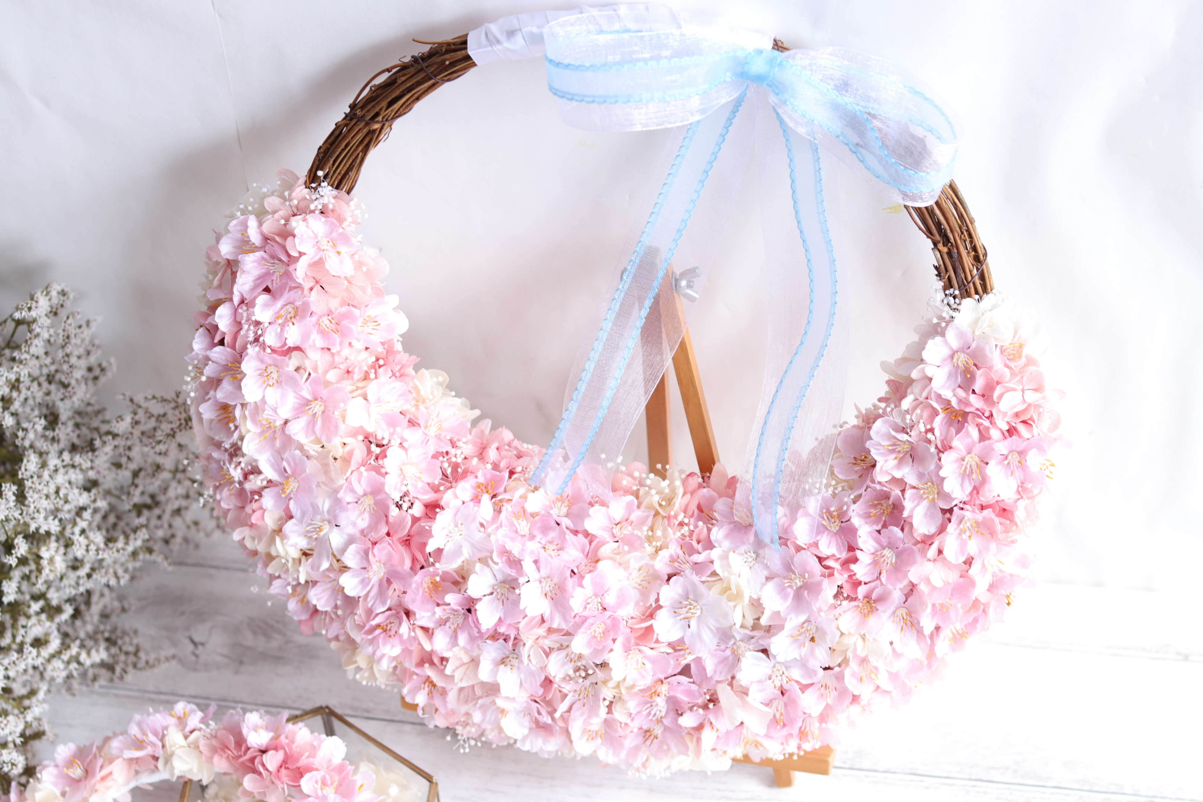 桜のハーフリースブーケ＆ブートニア&花冠＊プリザーブド&アーティフィシャルフラワー