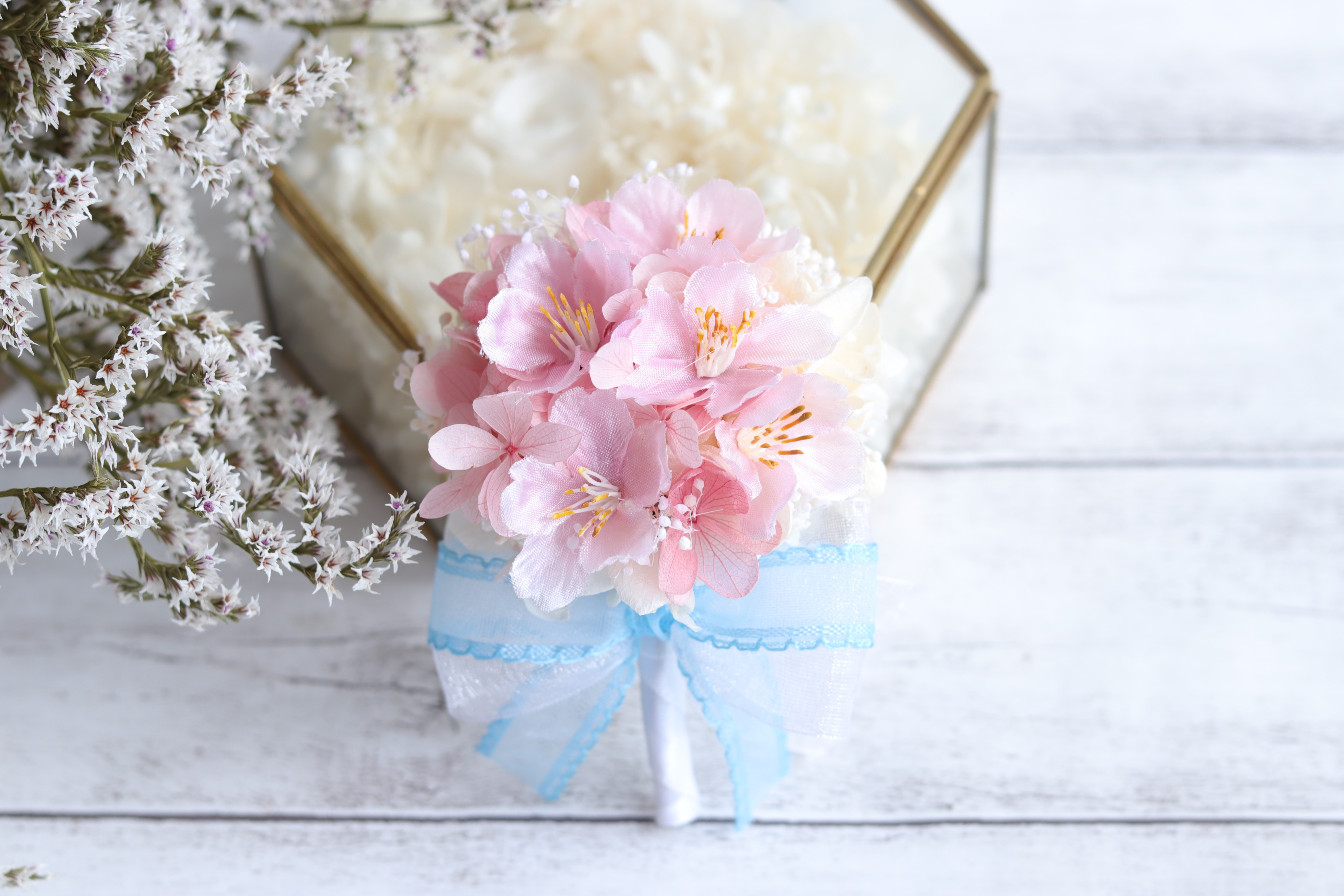 桜のハーフリースブーケ＆ブートニア&花冠＊プリザーブド&アーティフィシャルフラワー